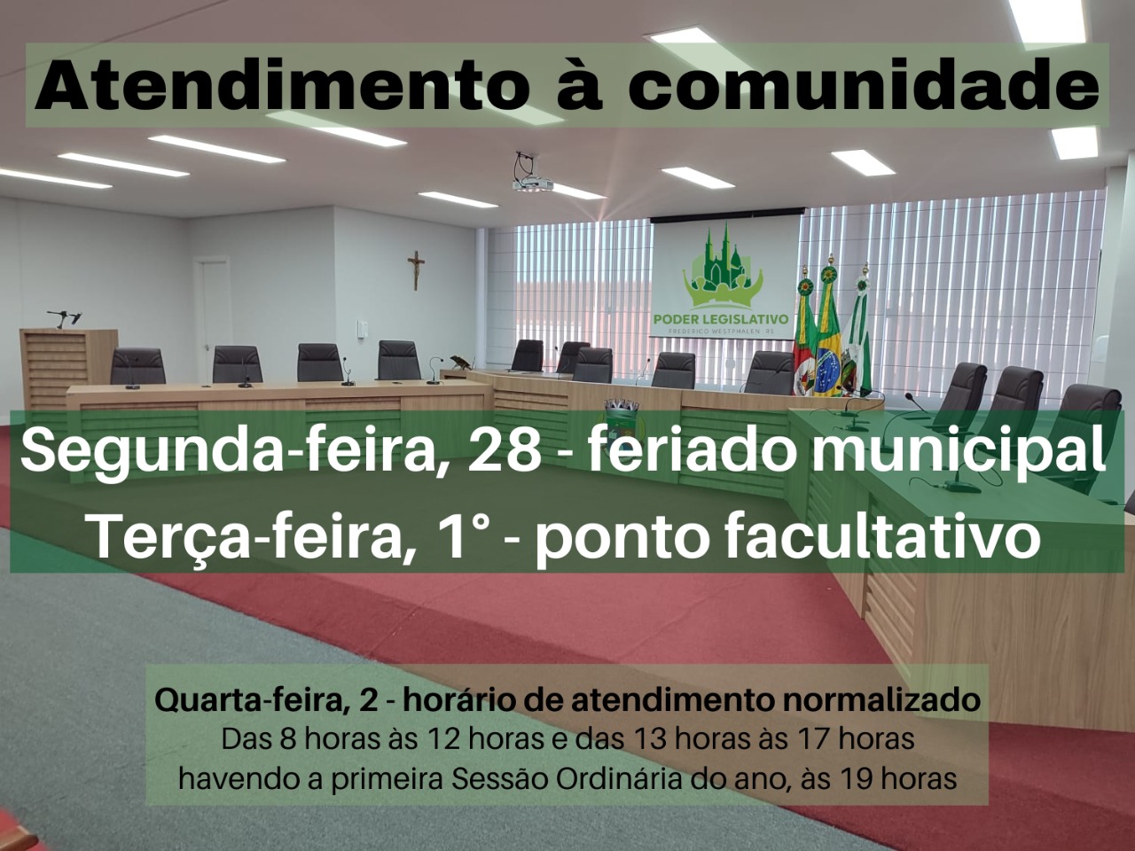 Confira os horários de atendimento da Câmara de Vereadores na próxima semana